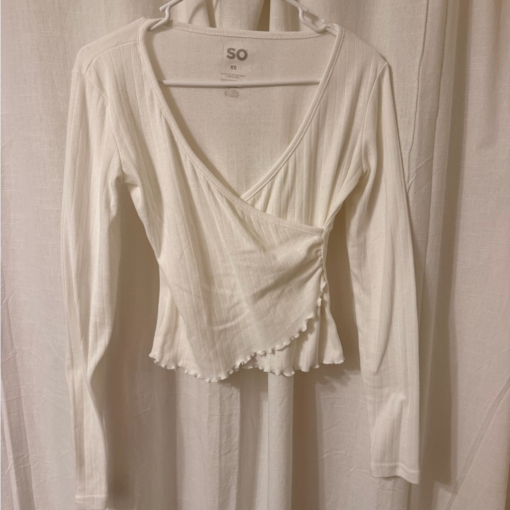 SO White Ribbed Faux-Wrap Long Sleeve Crop Top